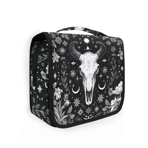 Flower Moon Cow Goat Skull Hanging Toiletry Makeup Bag Travel Toiletries Organizers Cosmetics Bags for Women Men - color: Cow Goat Skull