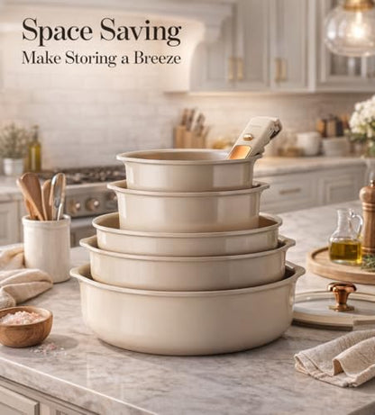 CAROTE 18Pcs Ceramic Cookware Set with Detachable Handle, Pots and Pans Set Non Stick, Non Toxic Cookware Set Removable Handles, Induction Kitchen Cookware Sets, Dishwasher/Oven Safe - color: Bronze Gold White