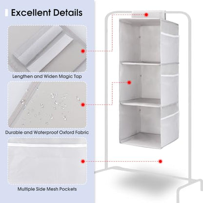 3-Shelf Hanging Closet Organizer, Space Saver, Closet Hanging Storage Shelves with Mesh Pockets & Magic Tap for Storage, Foldable-Grey