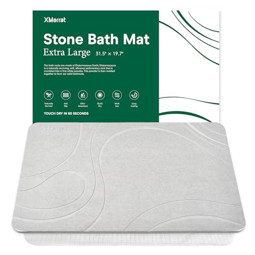 XMarrat Large Stone Bath Mat, Super Absorbent Diatomaceous Earth Bath Mat, Quick Drying Non-Slip Diatomite Stone Bath Mats for Bathroom, Easy to Clean (Light Gray, 31.5" x 19.7") - color: Light Gray, size: 31.5" x 19.7" (Rectangular)
