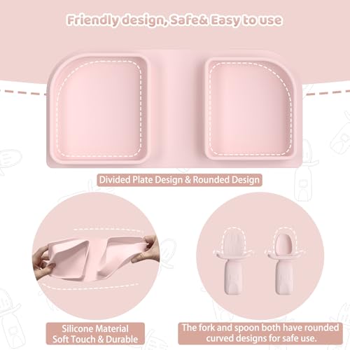 Pink Silicone Foldable Baby Feeding Set, Baby Travel Essential Including Toddler Plates, Spoon&Fork, Adjustable Foldable Bib, Portable Infant Toddler Utensils - color: Pink