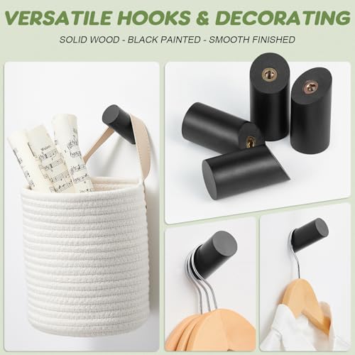 Felidio Wood Wall Hooks, 4 Pack Coat Hooks Wall Mounted, Rustic Wooden Heavy Duty Robe Hook Hat Rack, Hook for Hanging Bathroom Towels Clothes Hanger (Black) - color: Black - 4 Pack