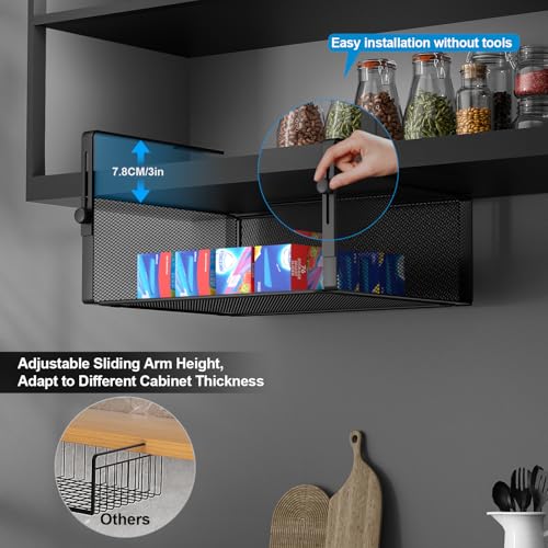 AmonHouseware 2Pack Under Shelf Basket Organizer,Adjustable Hanging Holder for Cabinet Pantry Kitchen Cupboard Desk Counter Bookshelf Organization Add-on Space Saver Heavy Duty Slide-in (Black, Large) - color: Black