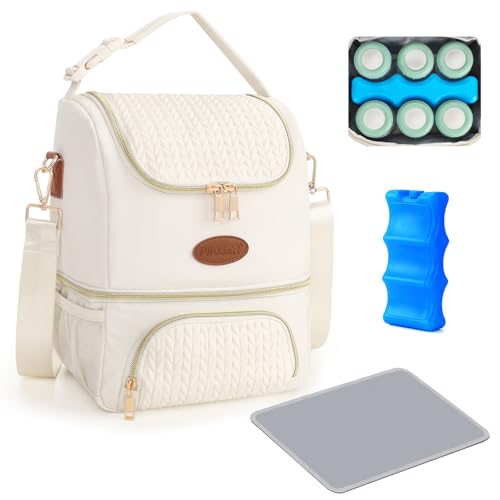 PIIOSER Breastmilk Cooler Bag with Ice Pack, Double Deck Insulated Baby Bottle Travel Bags with Shoulder Strap, Wearable Breast Pump Carry Bag for Nursing Moms Daycare, Work, Picnic(Cream) - color: Cream-2