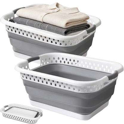 2 Pcs Collapsible Laundry Baskets, 11 Gallon 42L Collapsible Laundry Clothes Hamper, Foldable Laundry Hamper with Non-Slip Handles, Portable Space Saving Pop-Up Laundry Hamper Container (Grey-White)
