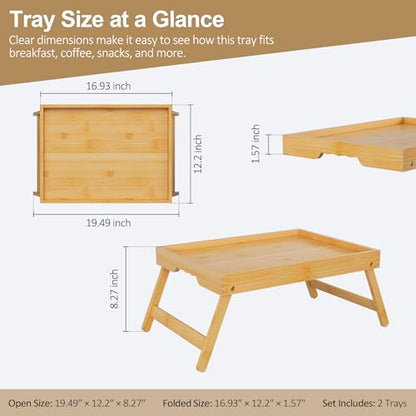 Large Breakfast Tray with Folding Legs Set of 2, 16.9" x 12.2" Bamboo Bed Tray Table with Ergonomic Wave Handles, Foldable TV Dinner Tray for Bed Couch Sofa, Breakfast, Laptop, Coffee, Natural - color: Natural, size: Large