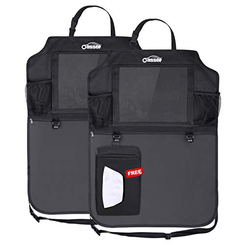 Oasser Seat Back Protector Kick Mats Backseat Car Organizers | 2 Pack, 1 Tissue Box, 12.9" Touch Screen Tablet Holder, Large Back of Seat Protector and Storage for Kids, 8 Pockets, Black