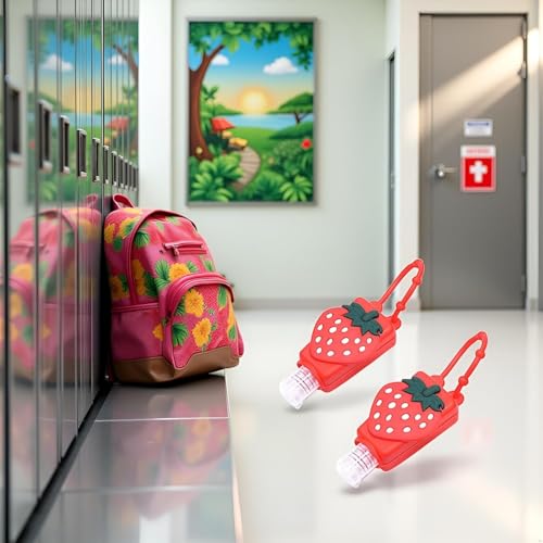 2Pcs Strawberry Empty Travel Hand Sanitizer Bottle, Silicone Sleeve Refillable Empty Squeeze Leakproof Flip Cap Keychain, Hand Soap Holder Cosmetic Containers, Refillable Portable Travel Containers