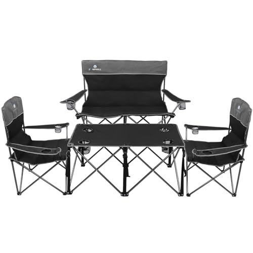 Camping Chair Set of 3, Outdoor Folding Camping Chairs for Heavy People with Cup Holder & Carry Bag,Collapsible Chair Include One Sofa Chair and Two Single Chair,Support up to 500lbs - color: Black-4pcs