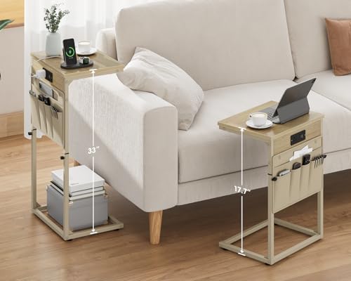 Vagusicc C-Shaped End Table with Charging Station, Small Side Table for Couch, 33" Tall C Table Adjustable Height Side Table, Couch Tables that Slide Under, Sofa Table TV Tray for Living Room, Natural - color: 1pc Natural Walnut