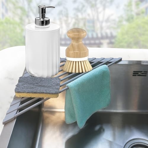Corner Sink Caddy Kitchen Sink Organizer, Silicone Wrapped Triangle Roll Up Dish Drying Rack Over Sink Drainer Mat, Anti-Slip Sponge Holder Corner Shelf for RV Kitchen Sink Accessories Counter Storage - color: Light Gray