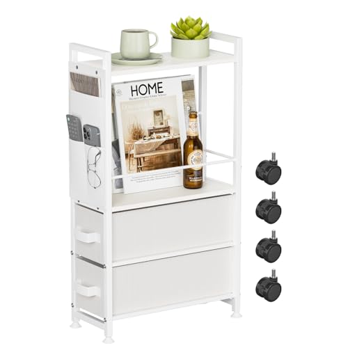 Oppro 2 Drawer Small Narrow Side End Table for Small Spaces, Slim Nightstand Bedside Sofa Table with Wheels, Space Saving Skinny Thin Couch Desk with Storage Bag for Bedroom Living Room Bathroom,White - color: White, size: 2 Drawers