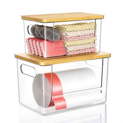 Trash Bag Dispenser 2 Pack (XL+S) - Acrylic Garbage Bags Dispenser with Bamboo Top, Trash Bag Holder Under Sink for Pantry, Kitchen, Laundry Room, Cabinet - size: XL+S-2 Pack