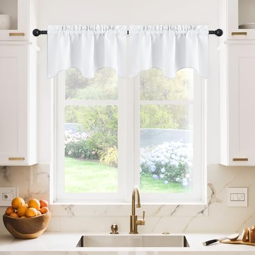 NICETOWN Window Valance Blackout Curtains - W42 x L18 inches Long Scalloped Pole Pocket Valances for Bathroom/Dorm/Cafe Shop/Kitchen/Showcase/Home Decor, Double Panels, Pure White - color: Pure White, size: 42"W x 18"L (Pack of 2)