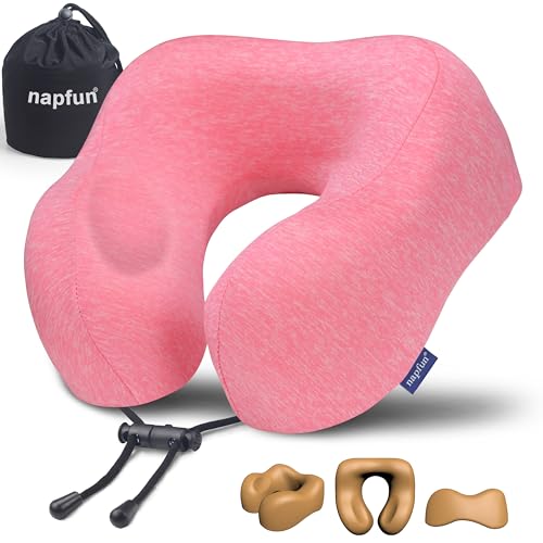 napfun Neck Pillow for Traveling, Upgraded Travel Neck Pillow for Airplane 100% Pure Memory Foam Travel Pillow for Flight Headrest Sleep, Portable Plane Accessories, Rose - color: Rose