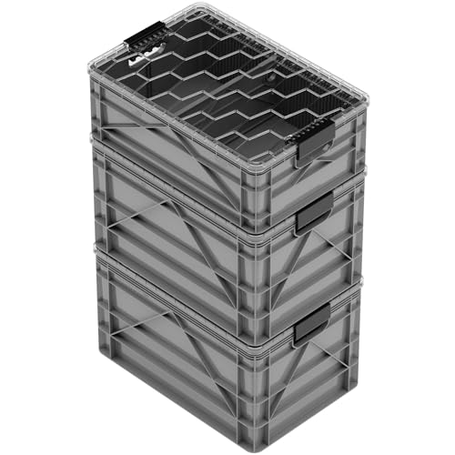 SIDIO CRATE Starter Pack - Two Full Size and One Half Size SidioCrate, Stackable Outdoor Organizer Storage Bins with Clear Lid and Dividers - Gray - color: Gray