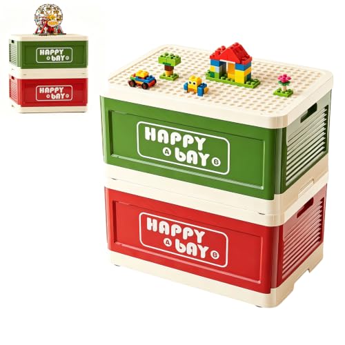 21L 22 Qt Folding Storage Box with Large Building Block Lid, Collapsible Toy Organizer Compatible with Duplo Blocks, Push Pull Storage Bin with Quiet Wheels(2pc-red+green) - color: Red+Green