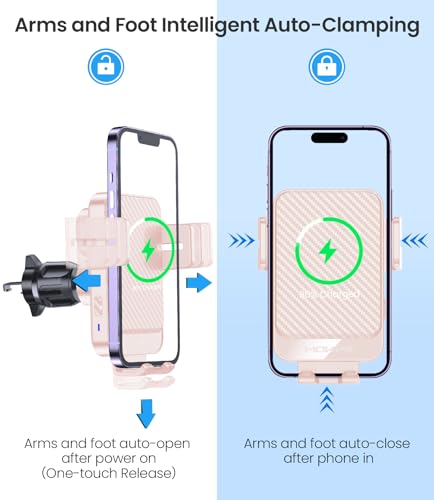 Wireless Car Charger, MOKPR 15W Fast Charging Auto-Clamping Car Mount Hands-Free Car Charger Mount for Dash Windshield Air Vent Compatible with iPhone 16 15/14/13/12, Samsung S23/S22/S21 Pink - color: Light pink