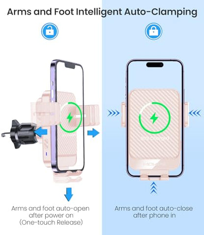 Wireless Car Charger, MOKPR 15W Fast Charging Auto-Clamping Car Mount Hands-Free Car Charger Mount for Dash Windshield Air Vent Compatible with iPhone 16 15/14/13/12, Samsung S23/S22/S21 Pink - color: Light pink