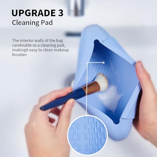 AGIKET 2 IN 1 Silicone Makeup Brush Holder with Beauty Make Up Sponge Holder Case：Soft Portable Cosmetic Face Brushes Holder with Upgrade Anti-Fall Out Magnetic Closure - Blue - color: Blue, style: Brush Holder & Case
