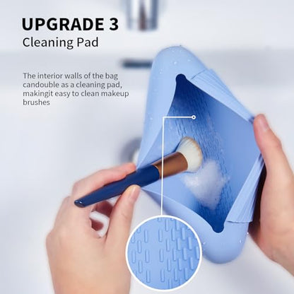 AGIKET Silicone Makeup Brush Holder Travel Cosmetic Bag：Soft Portable Cosmetic Face Brushes Holder with Upgrade Anti-Fall Out Magnetic Closure, Large Travel Makeup Brush Case - Blue - color: Blue, style: Brush Holder