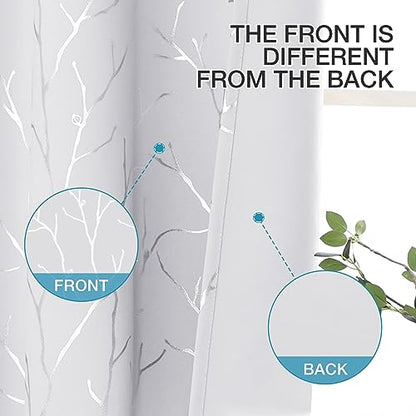 BUHUA White Blackout Curtain Panels, Room Darkening Curtains 96 Inches Long Grommet, Thermal Insulated Window Curtains with Silver Tree Branches Print, 38W x 96L, Greyish White, 2 Panels - color: Greyish White, size: 38"W x 96"L (Pack of 2)