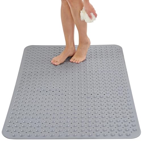 ENKOSI Extra Large Shower Mat Non Slip - 47 x 32 inch - XL Bathroom Shower Mat - Large Shower Matts for Shower Stall Floors - Secure Suction Cups and Drain Holes (47x32 Grey) - color: Gray, size: 47" x 32" (Rectangular)