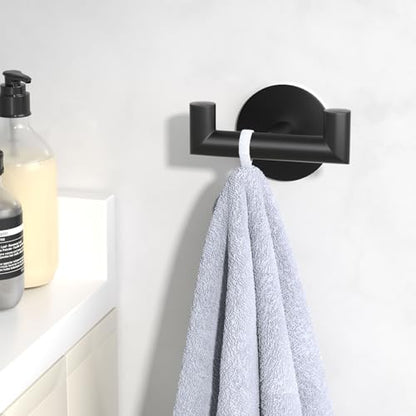 GWAAZXGZ 2 Pack Black Bathroom Hooks for Towels - Self Adhesive Double Hooks for Wall, No Drilling, Matte Finish, Strong Hold for Robes, Coats, Shower Use - color: Black