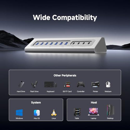 Giftos Powered USB Hub, 18 in 1 USB 3.2 Hub with 4K HDMI,PD 100W,45W Charge,10Gbps USB,SD/TF,Audio, 65W Adapter,3.3FT Cable,Aluminum,Smart Button, USB Hub for PC,Mac,Mac mini, iMac,iPhone 17/16,iPad - size: 18 IN 1