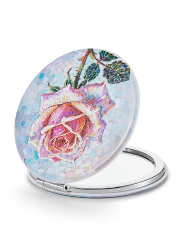 OMIRO 1X/10X Compact Magnifying Mirror, Unique Painting Pocket Mirror with Classical PU Leather (Round, Pink Rose) - color: Pink Rose