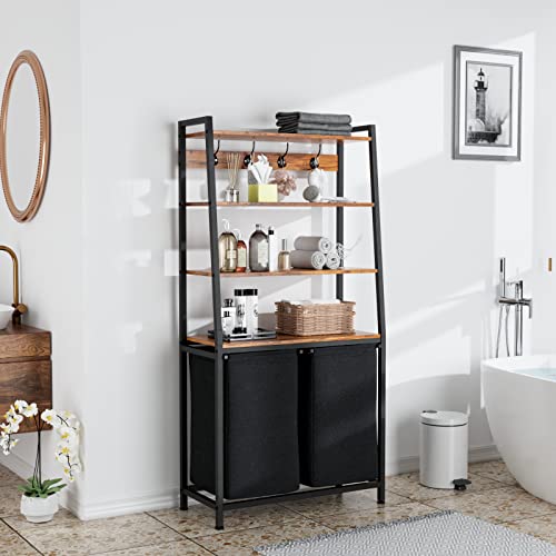 Furnulem 4 Tiers Laundry Hamper with Shelf and Hooks, Tall Laundry Basket Sorter with 2 Removable Bags, Double Clothes Hampers Organizers for Bathroom Bedroom