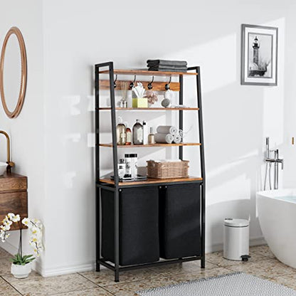 Furnulem 4 Tiers Laundry Hamper with Shelf and Hooks, Tall Laundry Basket Sorter with 2 Removable Bags, Double Clothes Hampers Organizers for Bathroom Bedroom