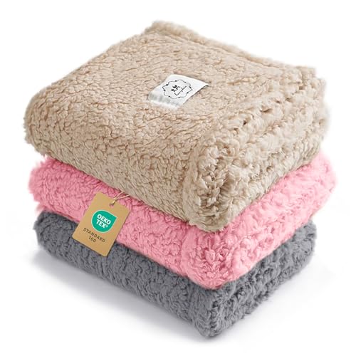 1 Pack 3 Calming Blankets Fluffy Premium Fleece Pet Blanket Soft Sherpa Throw for Dog Puppy Cat Beige/Pink/Grey Large (41" x31") - color: Beige/Pink/Grey, size: Large (Pack of 3)
