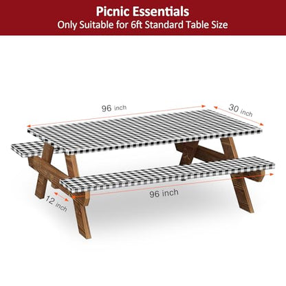 8ft Picnic Table and Bench Cover, Camping Essentials RV Gear, 96 in Waterproof Windproof Outdoor Elastic All Around Tablecloth, Fitted Rectangle Tables and Seats, Black-White Checkered - color: Black-white Checkered, size: 96"