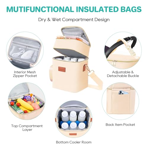 PIIOSER Breastmilk Cooler Bag with Ice Pack Fits 6 Baby Bottles Up to 9 Ounce, Insulated Baby Bottle Tote Bags, Double Layer Waterproof Leak-Proof with Shoulder Strap for Nursing & Working Mom (Cream) - color: Cream