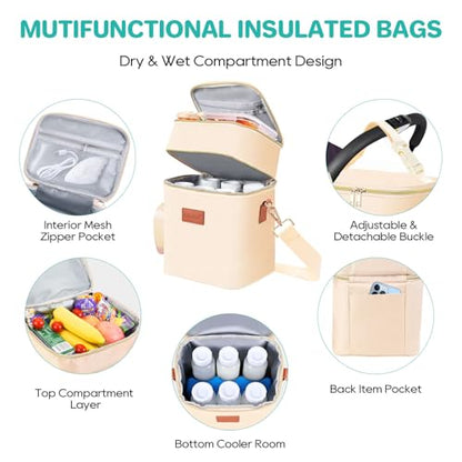 PIIOSER Breastmilk Cooler Bag with Ice Pack Fits 6 Baby Bottles Up to 9 Ounce, Insulated Baby Bottle Tote Bags, Double Layer Waterproof Leak-Proof with Shoulder Strap for Nursing & Working Mom (Cream) - color: Cream