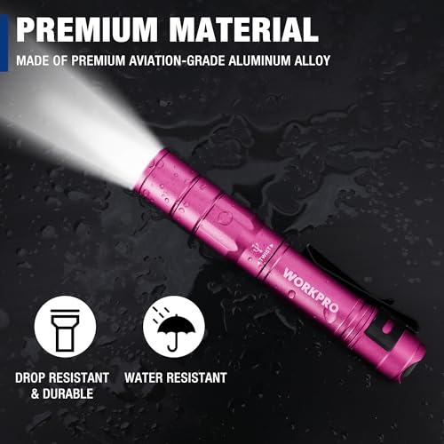 WORKPRO Rechargeable Pen Light, Mini Flashlight, 2 Pack Ultra-Compact EDC Flashlight, Pocket Flashlight with Clip, Memory Function and 2 x USB C Cable Included, Pink - color: Pink