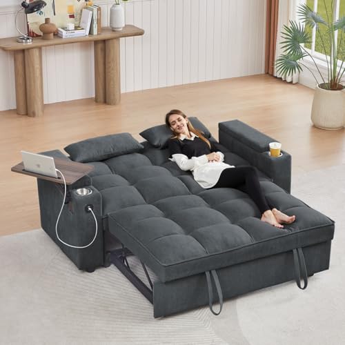 oaaktu 65''Convertible Sleeper Sofa Bed,3-in-1 Pull Out Couch Bed with 360 Degree rotatable Side Table and USB Ports for Living Room,RV (07Dark Grey) - color: 07dark Grey