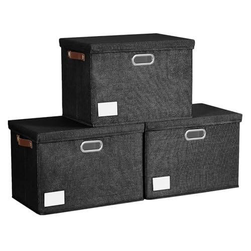 15" Large Collapsible Storage Bins with Lids, Stackable Closet Organizers with PU Handle and Labels, 3-Pack Decorative Fabric Storage Boxes for Home, Bedroom, Closet, Office, Nursery(Black) - color: Black, size: Medium-15"