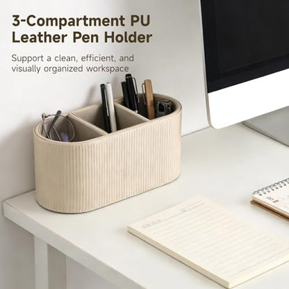 OMISTAR 3-Compartment PU Leather Pen Holder, Desk Organizer Stylish Bedside Remote Holder Nightstand, Eyeglasses/Stationery/Makeup Brush Storage Box, Long-Lasting Desk Accessories, 8.9 x 4 x 4.1 in - size: 3 Compartments