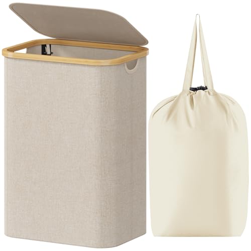 Lifewit 80L Laundry Basket with Lid, Clothes Hampers for Laundry with Bamboo Handles and 1 Removable Bag, Large Foldable Laundry Hamper for Bedroom, Bathroom, Dorm, Laundry Room, Beige - color: Beige, size: 80L