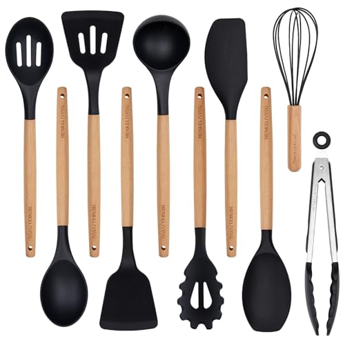 Silicone 10 Pcs Kitchen Cooking Utensils Set, Recycled Materials Certification, BPA Free Spatula Set with Heat Resistant Wood Handles for Nonstick Cookware, Black - color: Black
