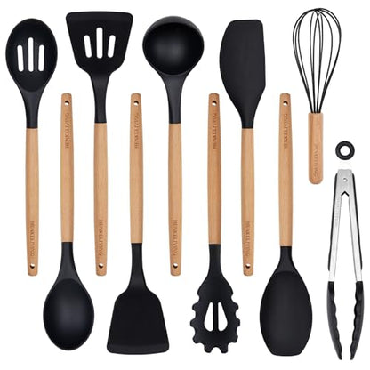 Silicone 10 Pcs Kitchen Cooking Utensils Set, Recycled Materials Certification, BPA Free Spatula Set with Heat Resistant Wood Handles for Nonstick Cookware, Black - color: Black