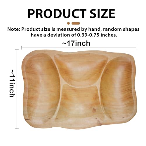 BTEOBFY Natural Wood 4-Compartment Divided Fruit Tray, Live Edge Handmade Serving Platter for Snacks, Sandwiches, Appetizers, Unique Hand-Carved Rustic Design - size: 15.8 INCH