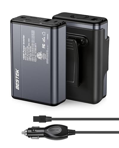 BESTEK 150W Car Power Inverter 11V-17V for Tesla Truck RV, 30W USB C PD 18W USB A Charger, 12V DC to 110V AC Converter with Detachable Cigarette Lighter Cable, 10-Layer Protection, ETL Certified - color: Gray
