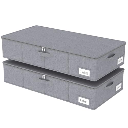 Yawinhe Foldable Underbed Storage Bags, Containers Bin with Lids, Large Under Bed Organizer Box, with Sturdy Zipper und Label Holders, for Clothing, 31.5''Lx15.7''Wx6''H, 2 Pack, Grey - color: Grey, size: 31.5x15.7x6in/2-Pack