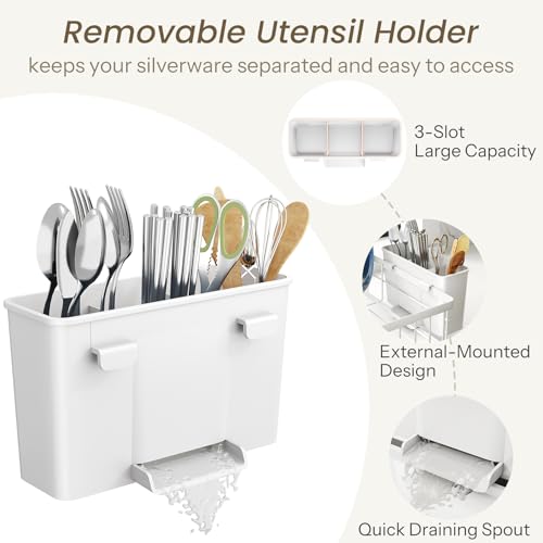 SNTD Dish Drying Rack - Small Dish Rack for Kitchen Counter, Stainless Steel Dish Drainer with Utensil Holder and Drainboard, 11" W x 15" L (White) - color: White, size: 11" W x 15" L
