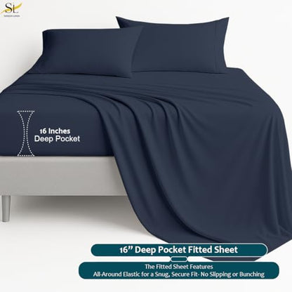 Shreem Linen King Sheet Set - 4 Piece Ultra Soft Brushed Microfiber Bed Sheets - 15" Deep Pockets, Wrinkle-Free & Breathable for a Secure Fit Sheets & Pillowcases (King, Navy Blue) - color: Navy Blue, size: King