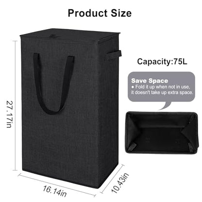 Odonata 75L Slim Laundry Hamper with Lid,Large Foldable Laundry Basket with Removable Bag and Handles Tall Collapsible Dirty Clothes Basket Great for Bedroom, Bathroom, Dorm, College,RV.(Black, 75L) - color: Black
