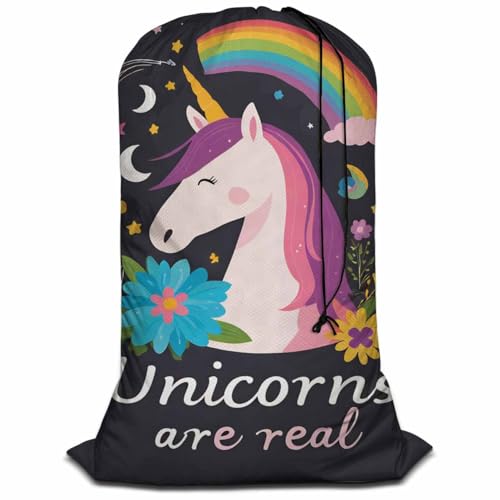 Swono Unicorn Are Real Extra Large Laundry Bag with Drawstring Closure 28"x40", Oxford Cloth, Rainbow Cartoon Fairy Star Floral for Home, Dorm and Apartment Dwellers, Magic Animal - color: Unicorn Are Real